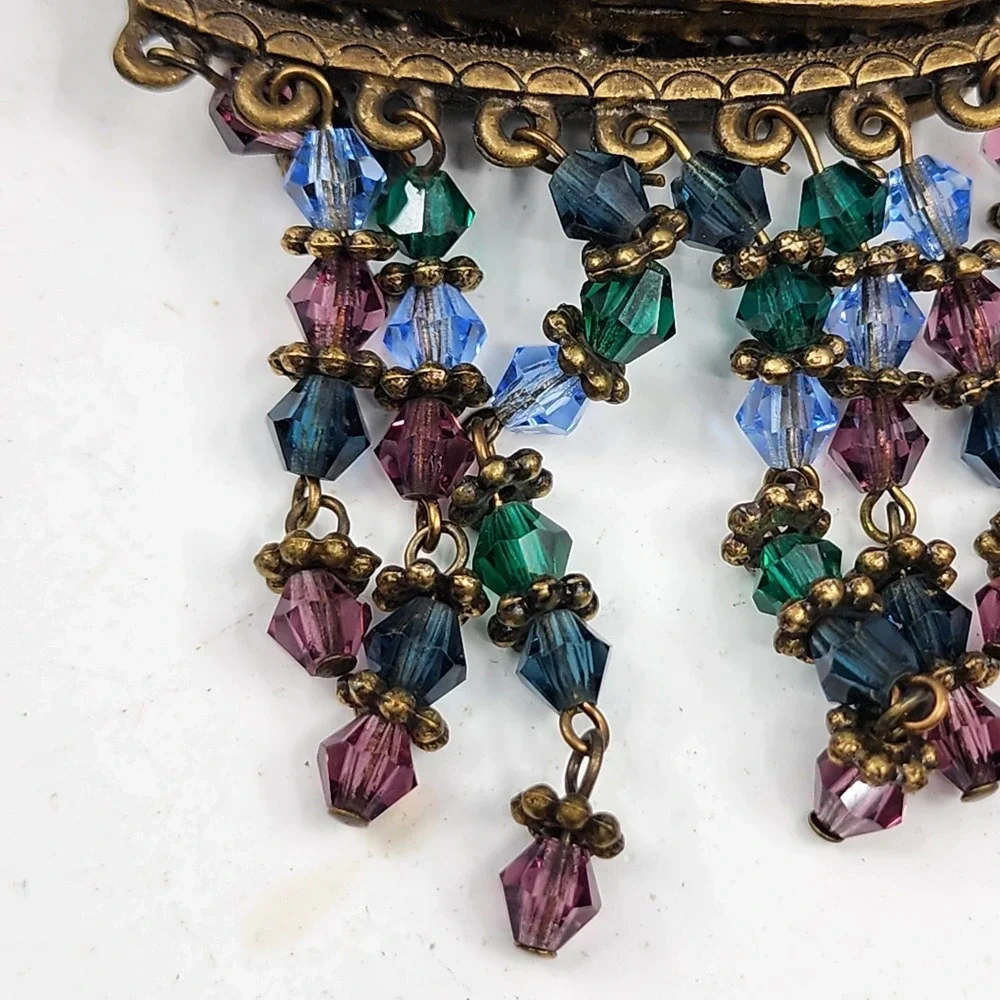 Sweet Romance USA Floral Purse Pendant Necklace Crystal Bead Fringe Victorian